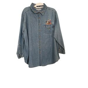 POOH DISNEY Blue Button Down Shirt with Woven Texture and Long Sleeves